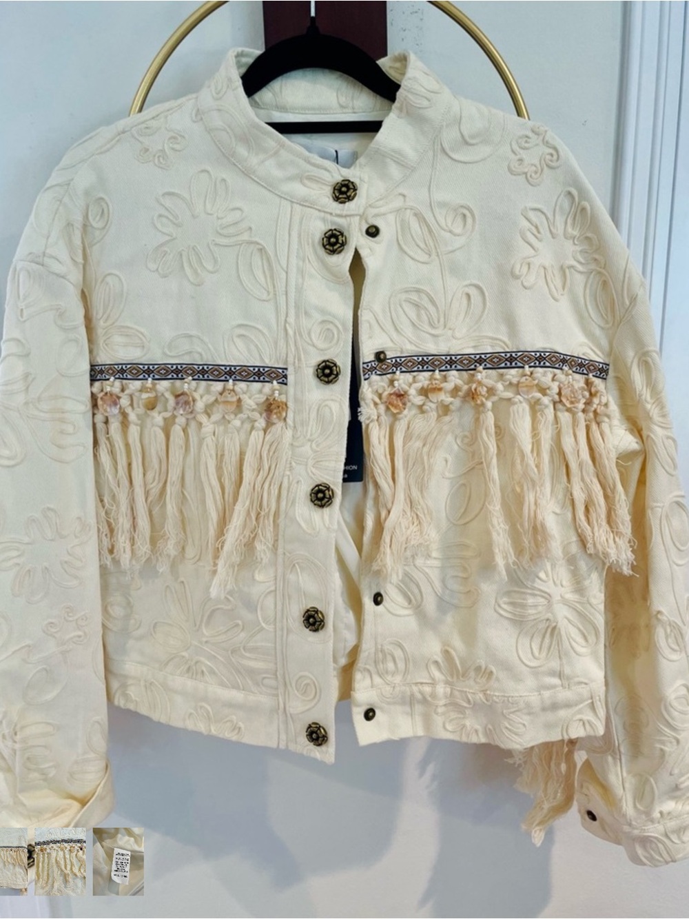 Ivory Embroidered Fringe Jean Jacket